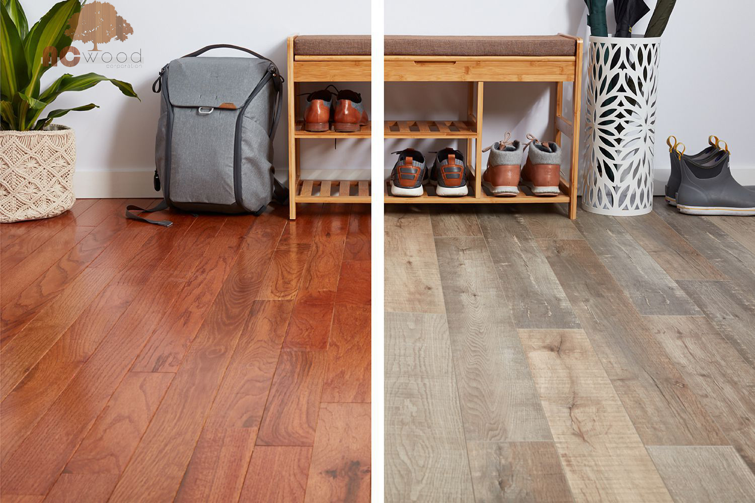 Về màu sắc, sàn gỗ tự nhiên chất lượng (phải) có độ bền lâu dài hơn so với loại sàn gỗ dễ phai màu (trái)